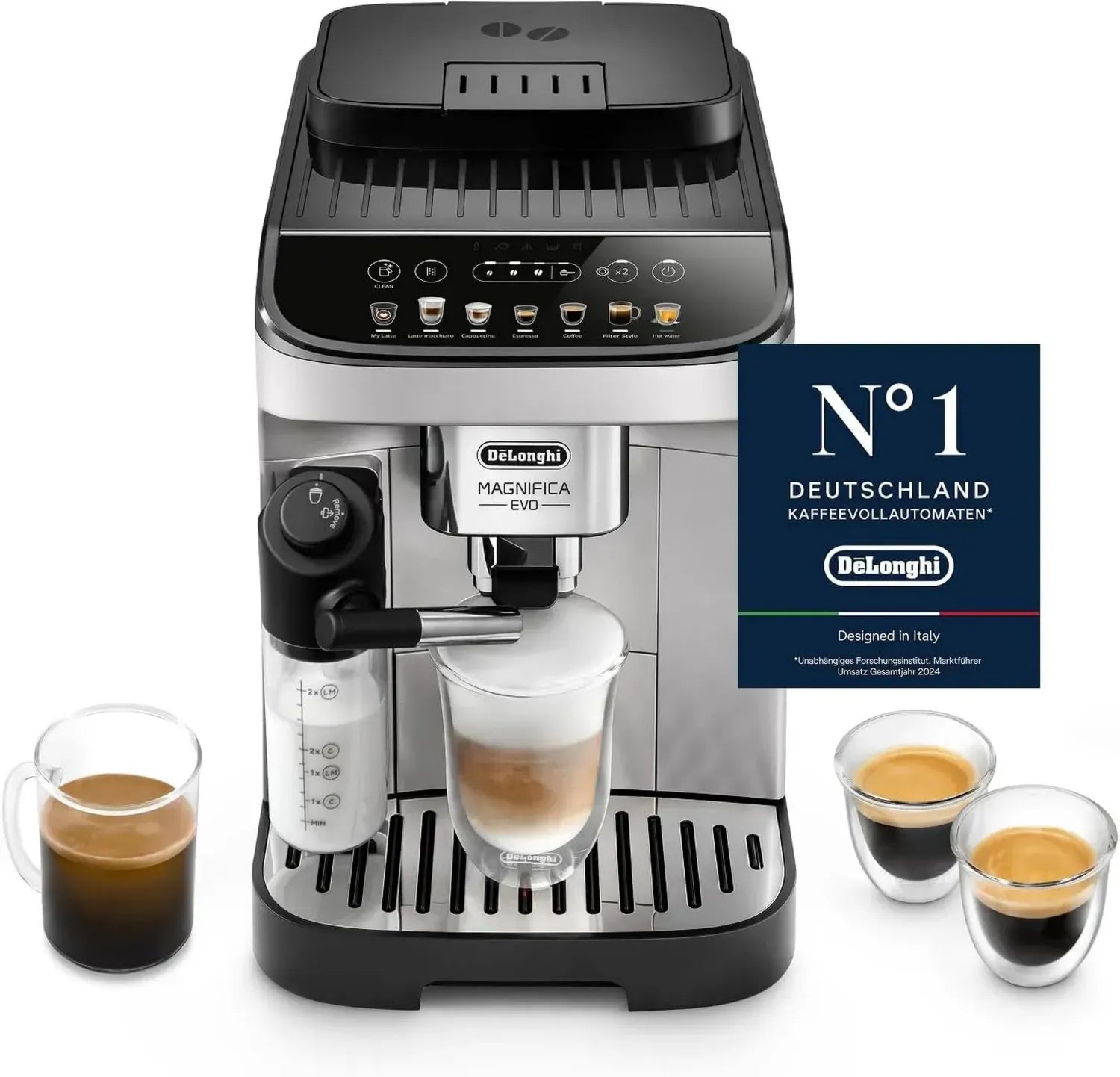 De'Longhi Magnifica Evo Kaffeevollautomat mit Milchaufschäumer, 7 Getränke auf Knopfdruck, Silber