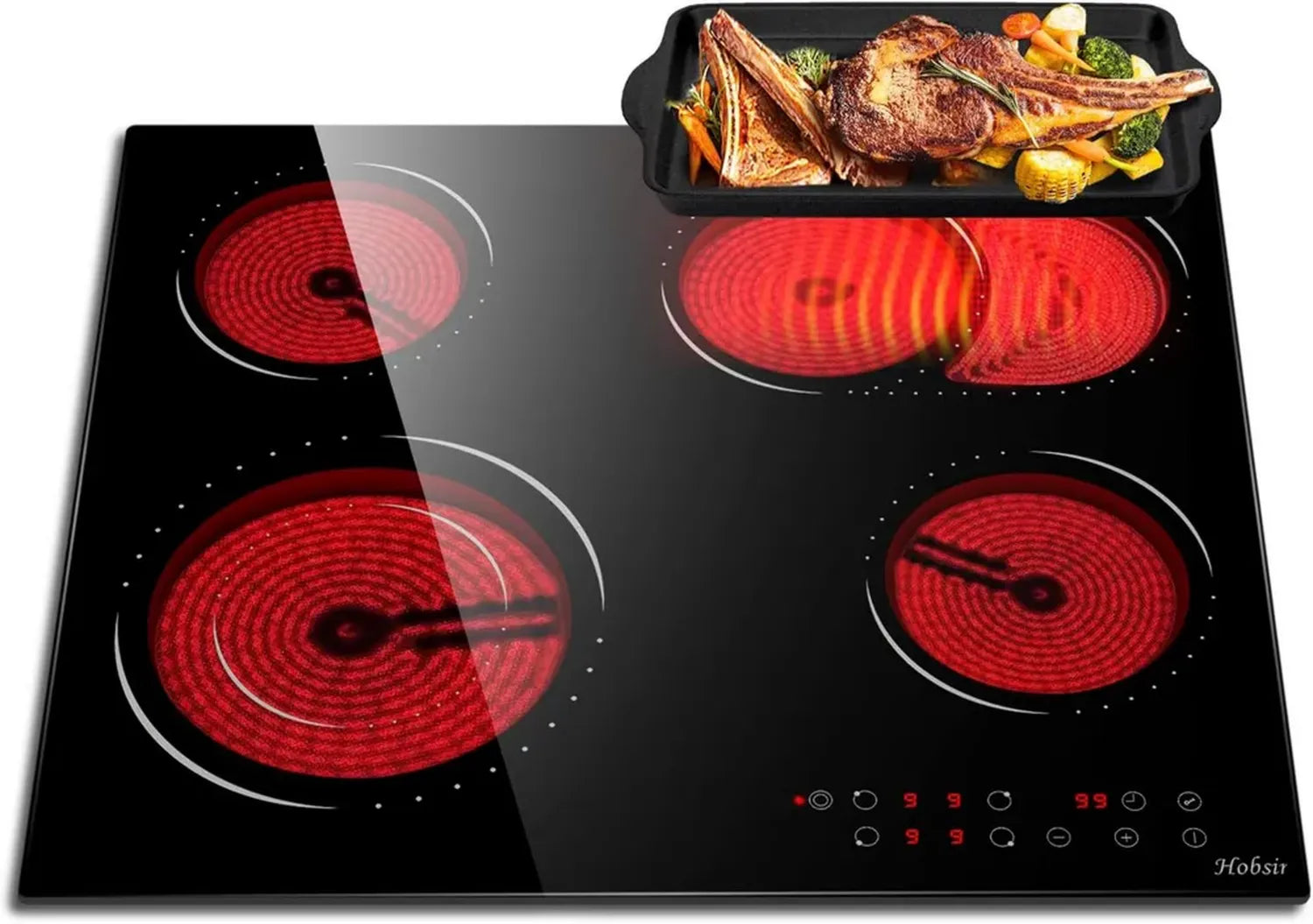 Autarkes 60 cm Glaskeramikkochfeld, 4 Zonen, Sensor-Touch, 6600W, Doppelzone, Timer, Kindersicherung