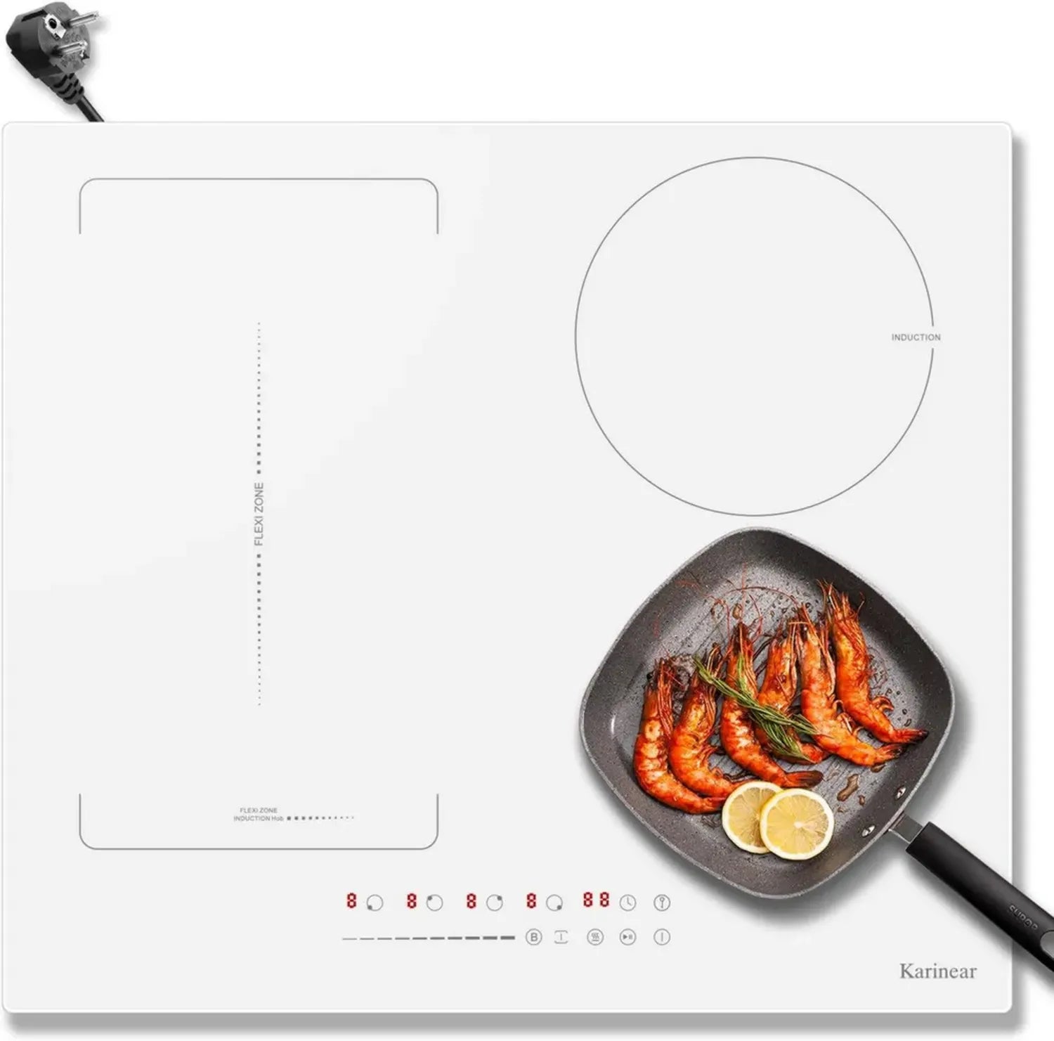 Karinear Weißes Flexzone Induktionskochfeld 60 cm, Einbau mit Touch-Bedienung, Timer, Kindersicherung, Boost-Funktion, 3500W, 220V-240V