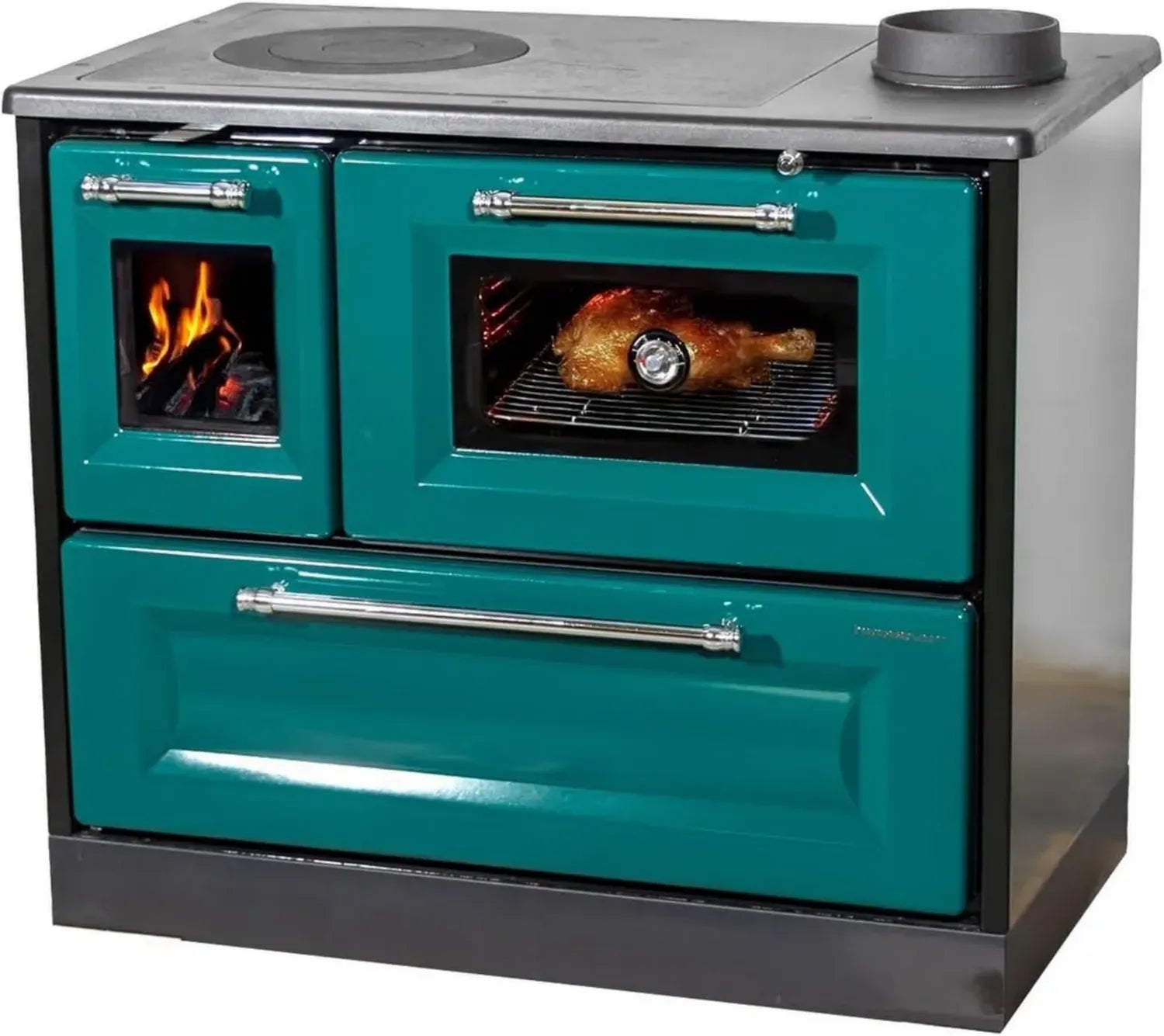 Grüner Holzofen mit Backfach und Kochplatte, 8 kW, Kamin und Küchenherd