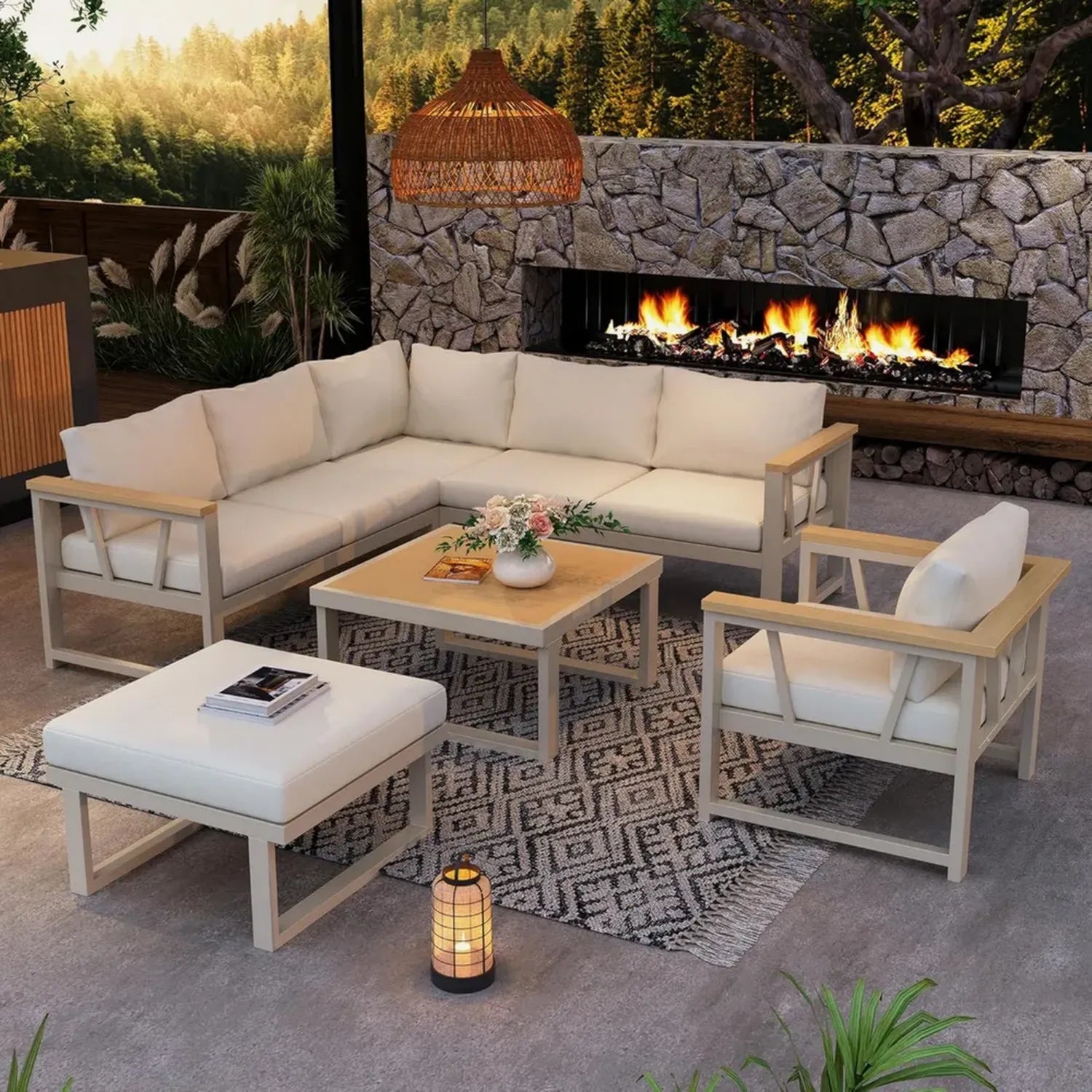 Merax 7-teiliges Gartenmöbel-Set aus Polyrattan, Ecksofa, Sessel, Hocker & Tisch, Stahlrahmen, für Terrasse & Garten, Khaki/Beige