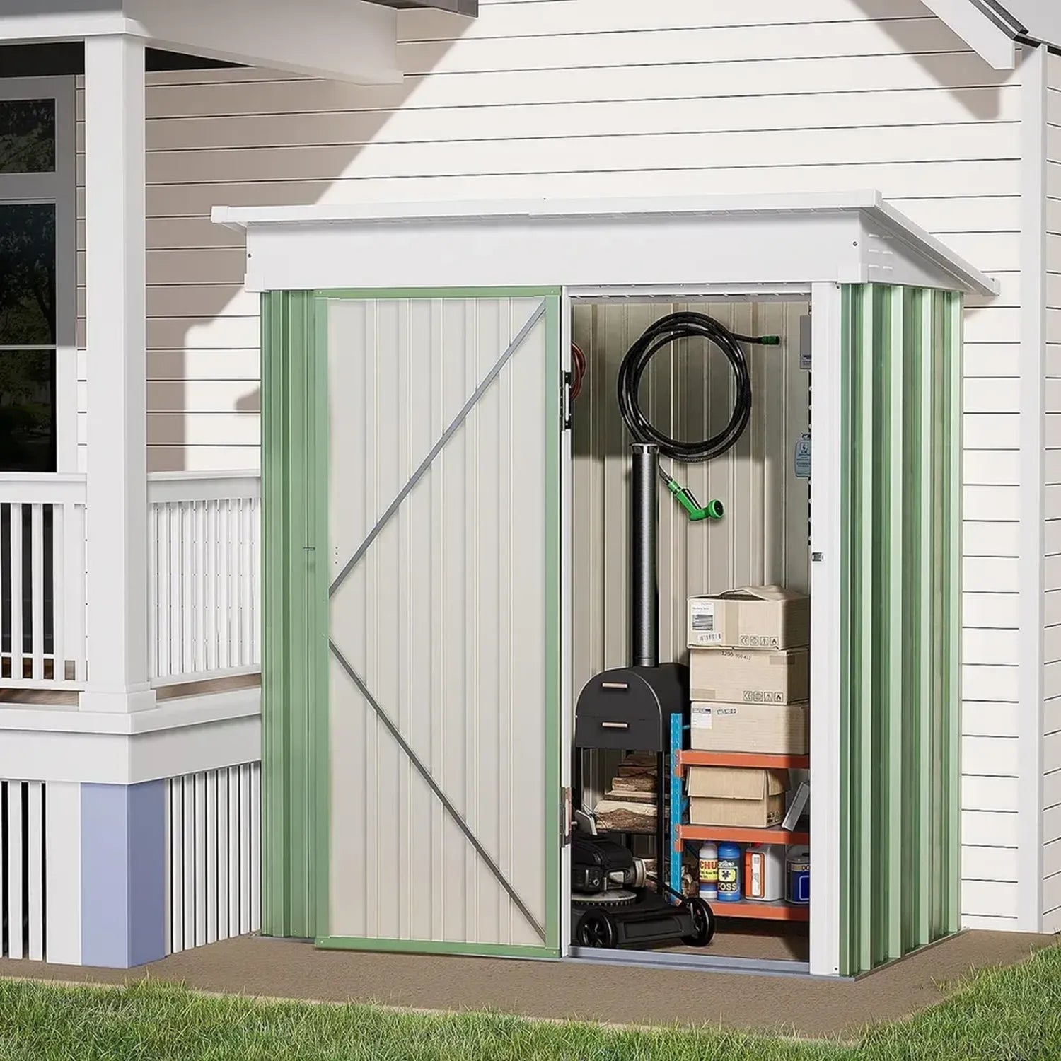Geräumiges UDPATIO Metall-Gerätehaus mit Flachdach, 162 x 92 x 180 cm, Fahrradschuppen, Stahl verzinkt, abschließbar, für Garten