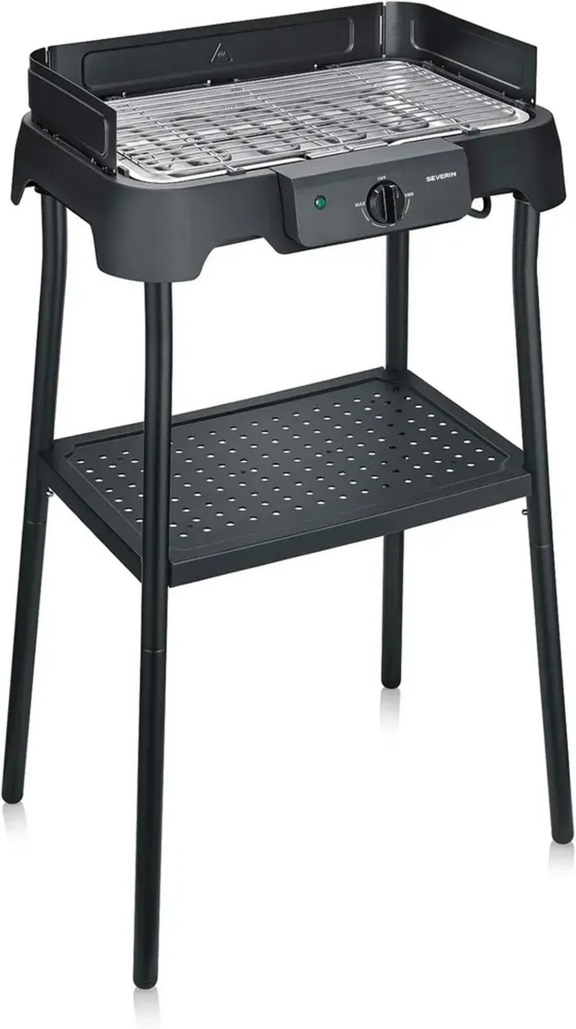 Severin Elektrogrill mit Standfuß, regelbare Temperatur 35-200°C, schnelles Aufheizen, 38x22 cm, Tischgrill mit Fettauffangschale, Edelstahlrost, ideal für Balkon, 2000 W, schwarz, Modell PG 8594